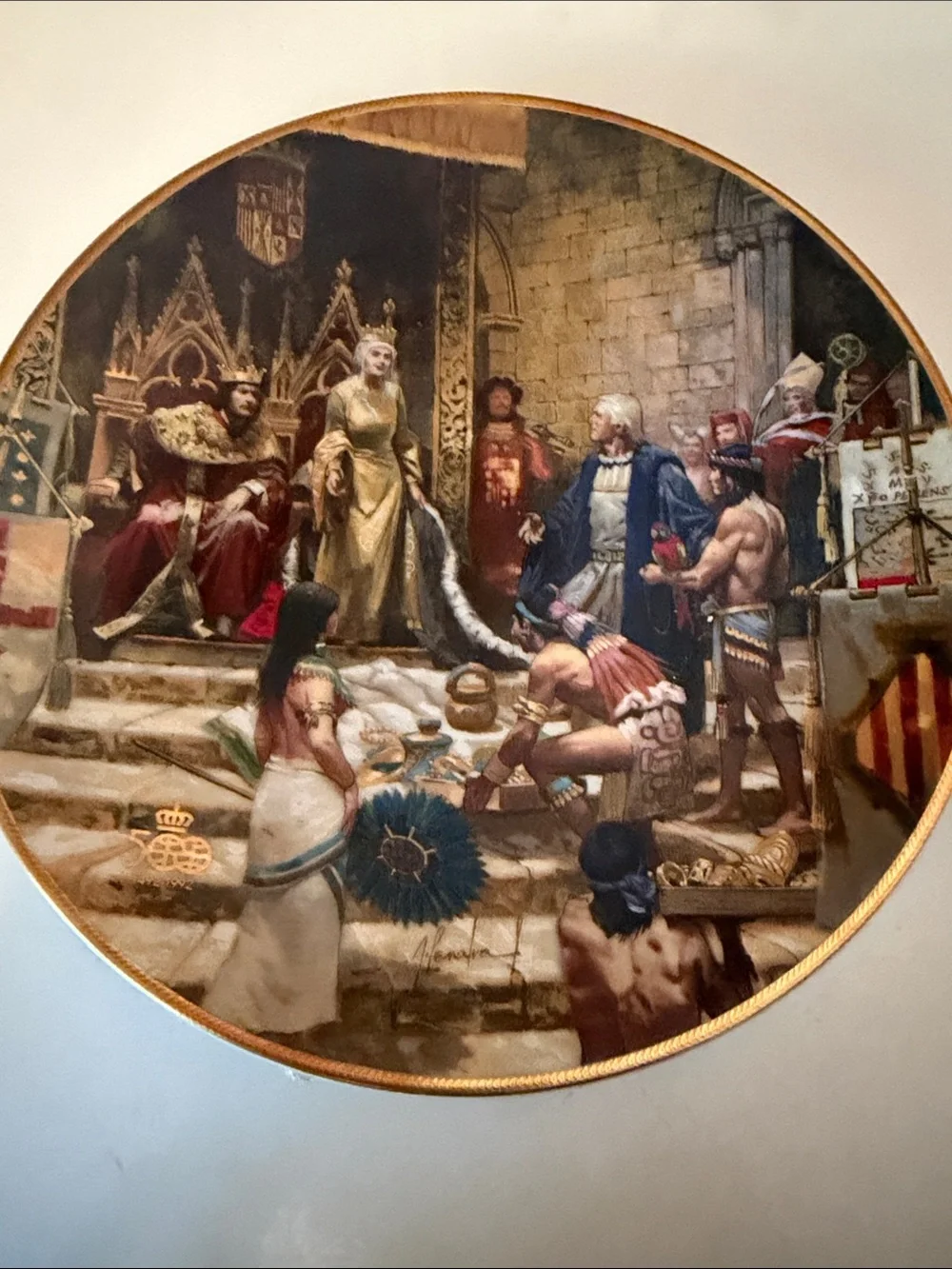 Round Decorative Historical Wall Plaque with Gold Trim - Brown & Gold